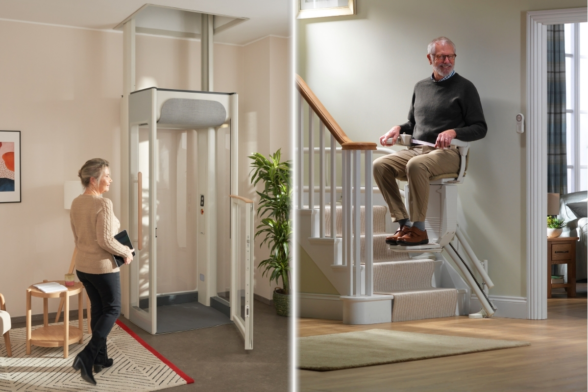 Ένας οικιακός ανελκυστήρας στα αριστερά και ένας ανελκυστήρας σκαλοπατιών στα δεξιά, που χρησιμοποιούνται από ηλικιωμένους σε οικιακό περιβάλλον. 